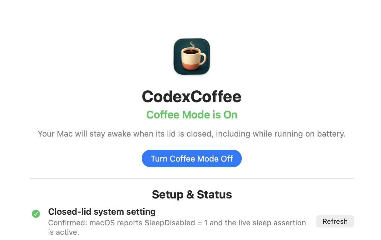 CodexCoffee macOS application showing Coffee Mode enabled and its setup checklist