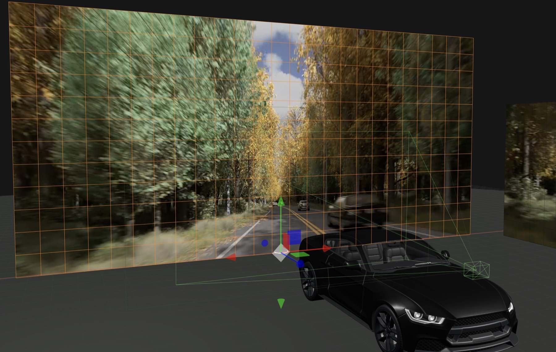 LED Configurator showing a curved virtual production wall, projected driving plate, and reference car